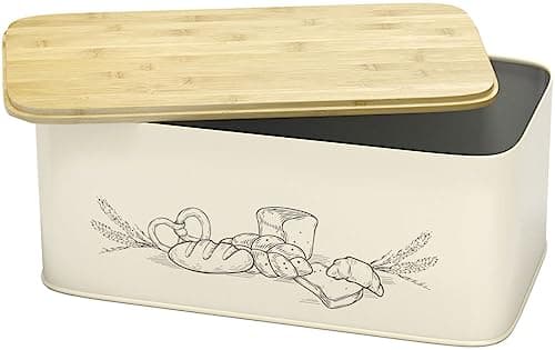 Image of Extra Large Space Saving Vertical Cream Bread Bin with Eco Bamboo Cutting Board Lid - Holds 2 Loaves - White Extra Large Farmhouse Bread Bins for Kitchen Bread Storage Box