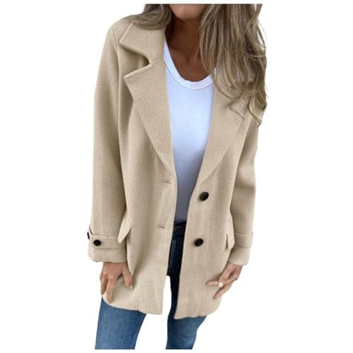 Image of Generisch 2026 Trench Coat Women's Elegant Plain Warm Transition Coat Winter Jacket Long Sleeve Winter Women's Jacket Lapel Coat, beige, M