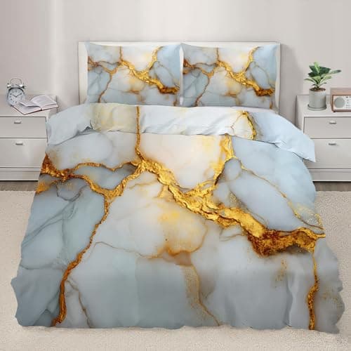 Image of YEMYOR White Gold Marble Duvet Cover Double 200x200 cm, White and Gold Bedding Set, Luxury Marble Comforter Cover with Zipper Ties & 2 Pillowcases