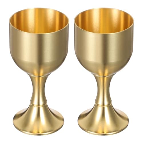 Image of DOITOOL 2 Pcs Brass Wine Goblets - 7.7cm Small Communion Cups Set - Solid Brass Holy Chalice Goblet for Altar Religious Ceremony - Metal Wine Cup for Wedding Toasting and Medieval Party Decor