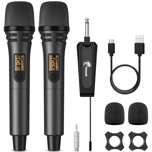 Image of TONOR Wireless Microphones, UHF Cordless Handheld Dynamic Mics with 6.35mm Rechargeable Receiver, 60 m Range, 2 * 5 Adjustable Channels for Karaoke, Singing, DJ, Party, Speech, TW320, 2 Mics Grey