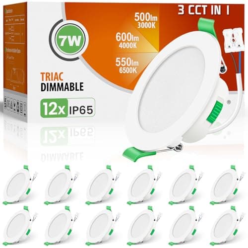 Image of ALUSSO IP65 LED Downlights Dimmable 7W Slim Recessed Ceiling Lights, 3CCT 3000K Warm 4000K Neutral 6500K Cool Adjustable Bathroom Spotlights, White, 12 Pack