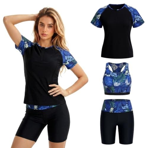 Image of Owntop Women’s 3 Piece Rash Guard Swimsuit Set, Short Sleeve Pullover Top & Tank with Built-in Bra & Knee Length Swim Shorts, UPF 50+ Sun Protection Swimwear, Black XL