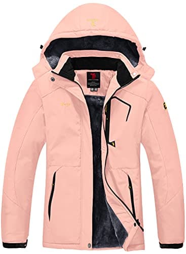 Image of donhobo Womens Waterproof Jacket Winter Warm Fleece with Hood Windproof Camping Hiking Coat(Pink,L)
