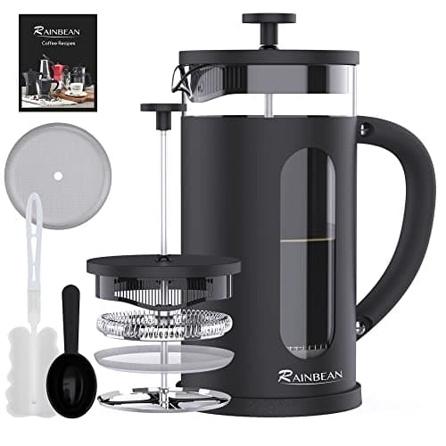 Image of RAINBEAN French Coffee Press Cafeteria, 8 Cup Cafetiere Maker with Stainless Steel Plunger Double Walled Heat Resistant Borosilicate Glass, 1000ml / 34 oz, Black