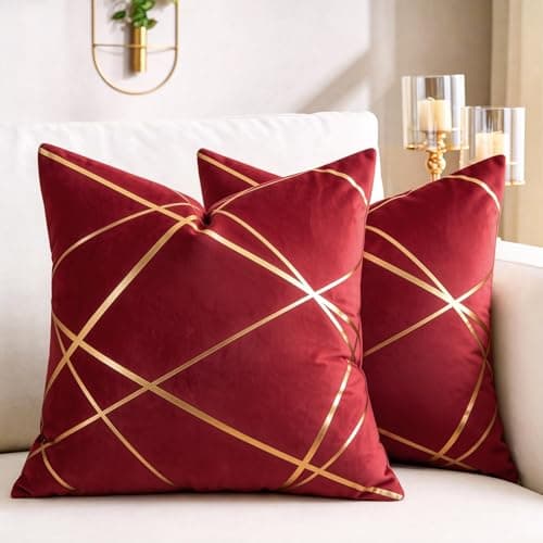 Image of 2 Pack Velvet Cushion Covers 45 x 45 cm Gilded Throw Pillow Covers Decorative Velvet Sofa Cushions Gold Lines Geometry Red Square Decorative Soft Spring Summer Home for Sofa Living Room
