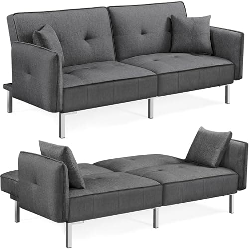 Image of Yaheetech 198CM Modern Fabric 3 Seat Sofa Bed Couch Settee with Arms and 2 Soft Cushions Dark Gray