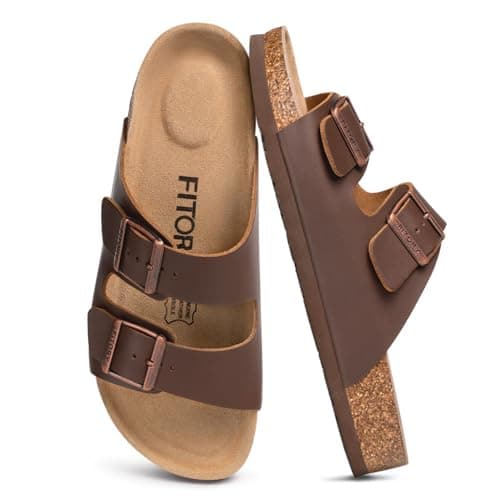 Image of FITORY Mens Leather Sandals, Arch Support Slides with Double Buckle Adjustable Straps & Cork Footbed for Summer Brown Size 10.5