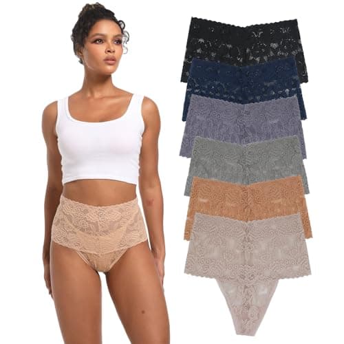 Image of Deigecil High Waisted Lace Thongs For Women Wide Band Soft Ladies Thongs Knickers Underwear Size XL Pack of 6