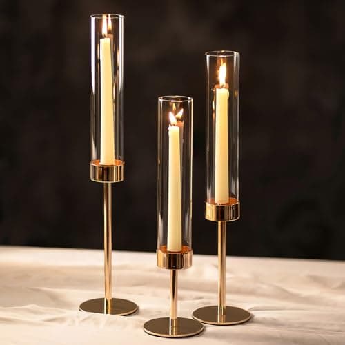Image of NUPTIO Hurricane Candlestick Holders for Centerpiece: 3 Pcs Gold Taper Candle Holder with Clear Glass Chimney - Tall Candles Stick Holders for Birthday Party Outdoor Decor