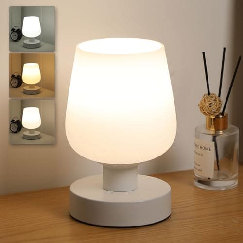 Image of Lightess Touch Lamps Bedside, Dimmable Table Light with White Glass Shade and Bulb, LED Nightstand Bedroom Lamp Three Color Temperatures for Living Room Office Home Decor