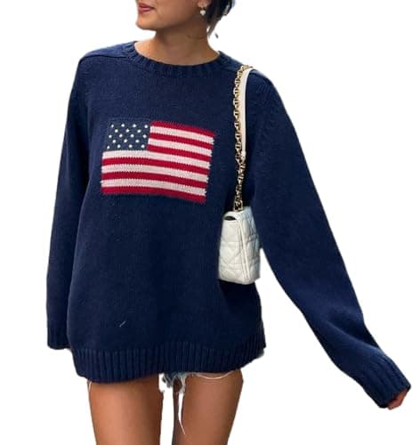 Image of Caziffer Women American Flag Sweater Vintage Crewneck Jumper Top USA Knit Pullover Sweatshirt Preppy Striped Sweater (Deep Blue, S)