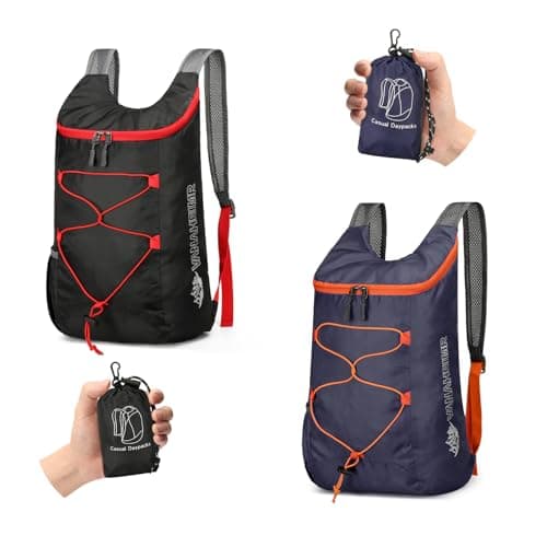 Image of Sahunfri 2 Pcs Ultra Lightweight Backpack, Foldable Backpack Water Resistant Travel Rucksack, Multi-Functional Foldable Backpacks Womens Men For Camping, Hiking, Biking (Black Dark-blue)