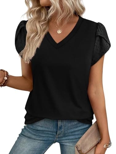 Image of WIHOLL T Shirts for Women UK Ladies Summer Tops for Women Black Tops Drssy Casual V Neck T-Shirts Lace Short Sleeve Tee Size 14-16