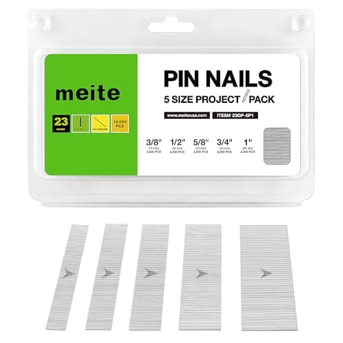 Image of meite 23 Gauge Pin Nails, Assorted 5 Sizes (10, 12, 15, 19, 25 mm) Micro Headless Piner Nails - Galvanised 23GA Pins Nails for Nail Gun, Ideal for Fine Woodworking and Trim Work (10,000 Counts)