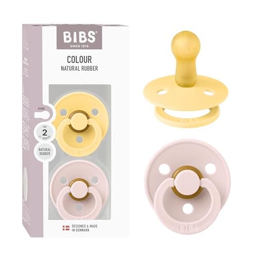 Image of BIBS Colour Pacifier 2-Pack, BPA Free Dummy Binky, Round Nipple. Natural Rubber Latex, Made in Denmark, Size 2 (6-18 Months), Pale Butter/Petal