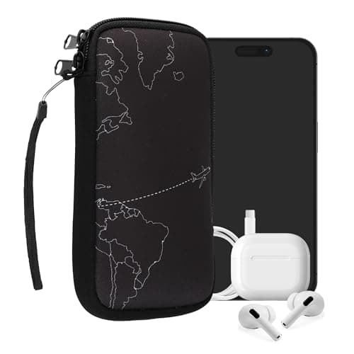 Image of kwmobile Neoprene Sleeve for Smartphone Size XL - 6.7/6.8" - Shock Absorbing Pouch Case - Protective Phone Bag - Travel & Explore White/Black