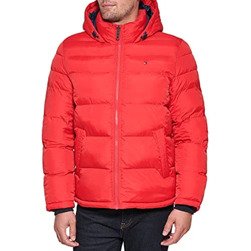 Image of Tommy Hilfiger Men's Down Alternative Hooded Puffer Jacket (Standard and Big & Tall) Coat, Orange Burst, S