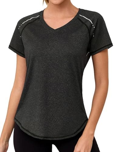Image of Gyabnw Ladies Yoga Tops Short Sleeve Loose Fit V-Neck Gym Running T-Shirt Moisture-Wicking Sportswear for Women Black