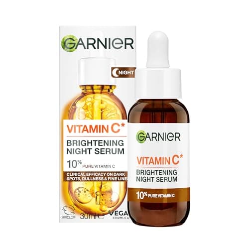 Image of Garnier Targeted Anti Dark Spot Night Serum for Face, with 10% Pure Vitamin C & Hyaluronic Acid, Anti Pigmentation & Dullness, For All Skin Types, Approved by Cruelty Free International, Vegan, 30 ml