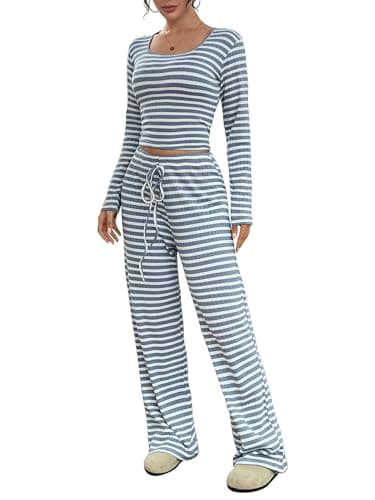 Image of SotRong Women's Striped Pajama Set with Long-Sleeve Crop Top and Wide-Leg Pants Blue White Stripe Loungewear Elastic Waist Drawstring Soft Lightweight Sleepwear Cozy Casual Two-Piece Outfit for Home M