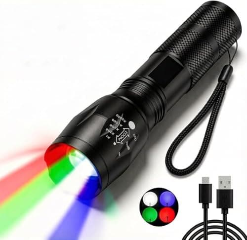 Image of POCKETMAN Zoomable LED Torch 4 Colours in One (Red, White, Green, Blue), Extremely Bright Rechargeable Hand Lamp, 4 Modes, Multifunctional for Outdoor, Astronomy, Night Vision, Hiking