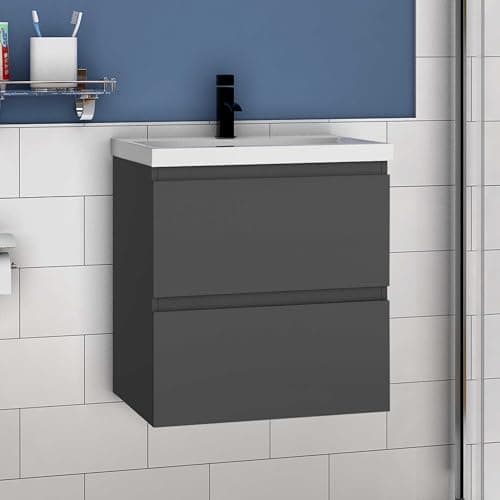 Image of Acezanble 500mm Bathroom Vanity Unit With Wash Basin Ceramic Sink, 2 Drawers, High Gloss Grey, Wall Hung Cabinets, Cloakroom Storage Furniture Under Basin Cabinet