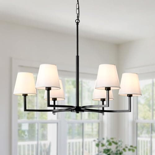Image of LJHhowe Black Chandelier, 6 Lights Chandeliers Ceiling Light, Black Pendant Light Fitting with Fabric Shade, Modern Chandelier Ceiling Lights for Living Room, Dining Room, Bedroom Kitchen, Hallway