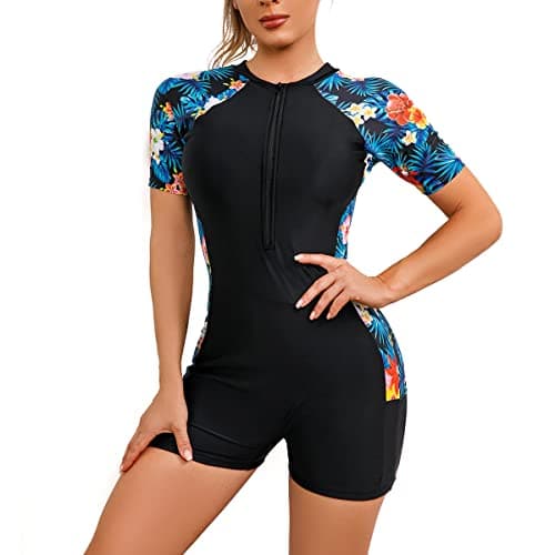 Image of Swimming Costume Women Long Sleeve/Short Sleeve Floral Zip Up One Piece Boyleg Swimsuit Ladies Muslim Full Body Burkini Modest Swimwear Neoprene Rash Guard Surf Bathing Wet Suits Wetsuit Black #3 XXL