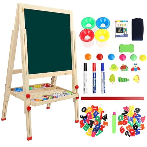 Image of Dripex Kid’s Wooden Art Easel, Double-Sided Height Adjustable Painting Blackboard with Magnetic Accessories Chalk and Sponge for Toddlers and Kids