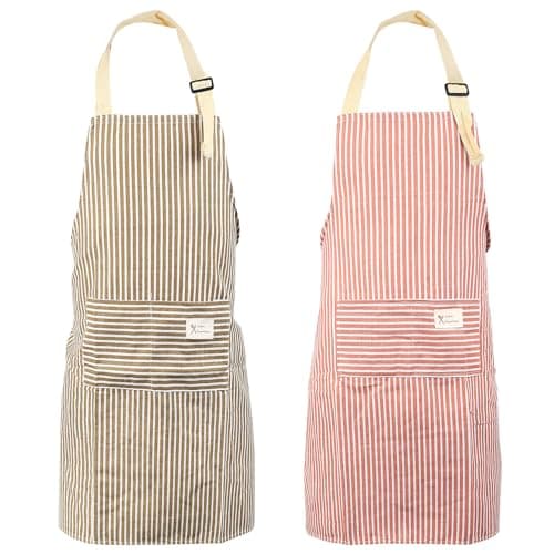 Image of zrfgbxim 2 Pcs Aprons for Women Men, Kitchen Chef Aprons for Cooking Apron, Unisex Adjustable Bib Apron with 2 Pockets, for Home Kitchen Cooking Baking Restaurant Household Cleaning (Red, Brown)
