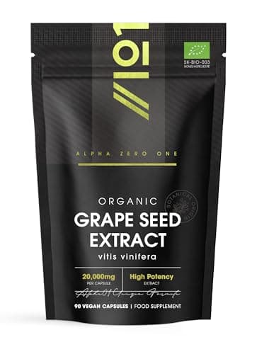 Image of Organic Grapeseed Extract 20,000mg - High Strength 50:1 Extract - 90 Vegan Capsules (3 Months Supply) - Resealable and Recyclable Pouch - By Alpha01