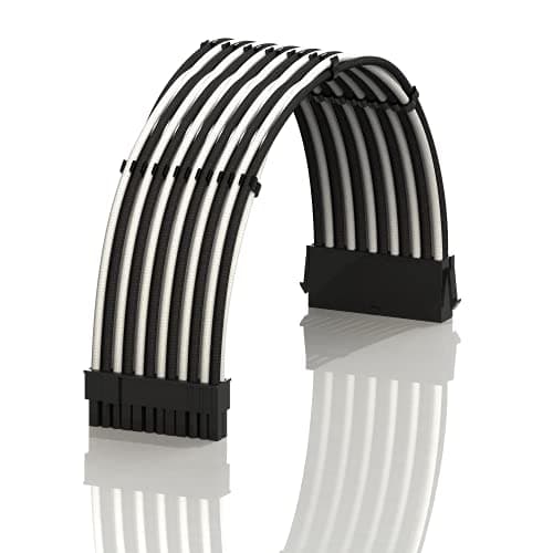 Image of LINKUP - AVA 50cm ATX 24 Pin (20+4) Motherboard PSU Braided Sleeved Power Supply Extension Cable w/Combs | Strong & Stiff Design | Single Pack | 500mm - WhiteBlack