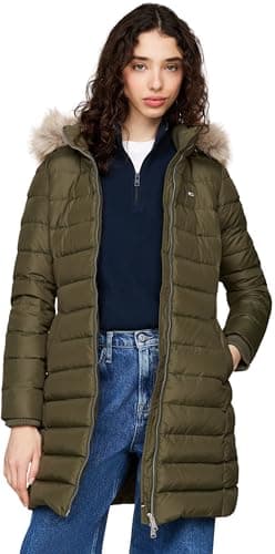 Image of Tommy Jeans Women’s Essential Hooded Down Coat with Faux Fur, Green (Fatigue Green), XXS