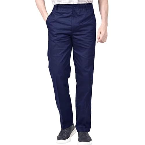 Image of Mens Rugby Trousers Elasticated & Adjustable Waist Pant – Smart Workwear Bottom with Drawstring, Button and Zip Fly- Relaxed Fit, Straight Leg Casual & Formal Trouser – (Navy 38W/31L)