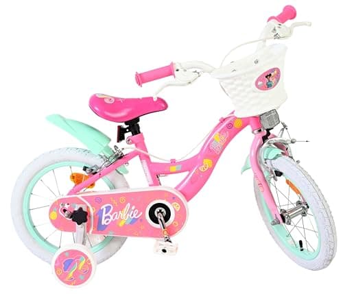 Image of Volare Mattel Barbie Pink Kids Bike | Ideal for Age 3.5-5 | 14 Inch Wheel | 2 Handbrakes (Front & Back), Removable Stabilisers, Pedal Reflectors | Adjustable Height | Handlebar Basket | Gift for Girls