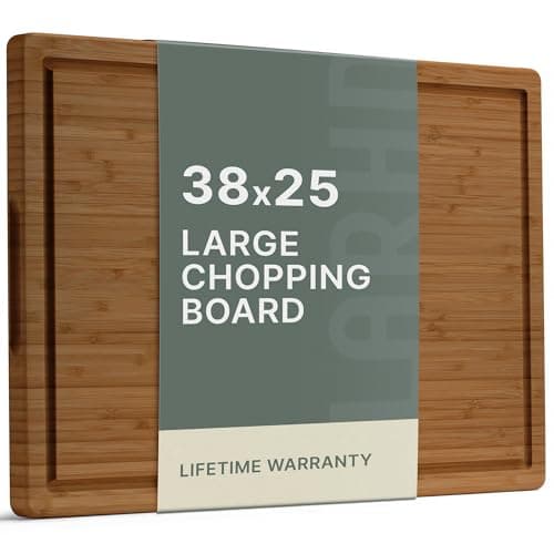 Image of LARHN Large Carbonised Bamboo Chopping Board for Kitchens - 38.5 x 25 x 2 cm - Thick Wooden Chopping Boards for Cutting, Slicing and Carving Meat, Fish and Vegetables