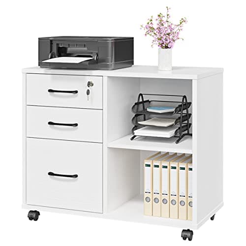 Image of Panana 3 Drawer File Cabinet, Mobile Lateral Printer Stand with 2 Open Storage Shelves Home Office Rolling Mobile Filing Cabinet With Wheels (White)
