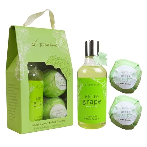 Image of Di Palomo Vegan White Grape & Aloe Indulgent Luxury Bathing Collection. Bathing Bubbles 300ml & 2 Bath Bombs. Bubble Bath Body Wash & Bath Bomb Bath Set. Bubble Bath & Shower Gel Gifts for Women.