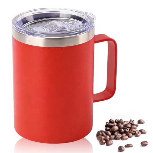 Image of YueXing 16oz Black Insulated Coffee Mug with Handle, Leakproof Double Wall Stainless Steel Travel Mug with Sliding & Straw Lid, Dishwasher Safe for Camping Commuting Hot Cold Drinks (Red)