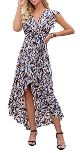 Image of GRECERELLE Womens Summer Maxi Dress Boho Floral Cocktail Polka Dot Wrap Dresses V Neck Casual Party Bohemian Flowy Long Dress for Ladies (Fp Brindle Blue Gray, M)