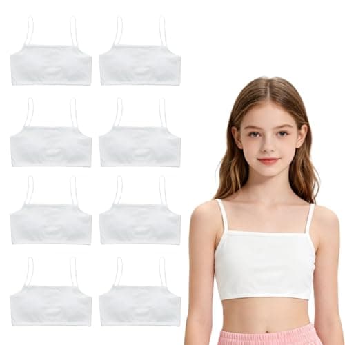 Image of JiaYouLC 8 Pack Girls Crop Tops Soft Cotton Sports Bras for Kids Teenage 8-12 Non Padded Training Bras (UK, Age, One Size, Regular, 8White)
