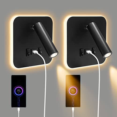 Image of Bedside Reading LED Wall Light, Wall Mounted Reading Lamp with Switch and USB Port, 350° Rotatable Wall Sconce Spotlight for Bedroom, Hallway, Hotel, Adjustable 3000K Warm Lamp, 3W+9W(2pcs-black)