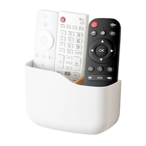Image of SUNFICON Adhesive Remote Control Holder Wall Mount Media Player Controller Holder Universal TV Remote Organiser Caddy Box Tray Hollow Bottom Slot Easy Phone Charging Home Office Desk Nightstand White