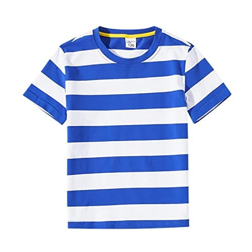 Image of Cozozn Boys' Short Sleeve Striped T Shirt Cotton Kids Crew Neck Tees Tops, Blue and White Stripes, 6-7 Years