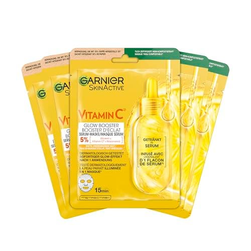 Image of Garnier Moisturising Cloth Masks for Sensitive Skin, with Hyaluronic Acid and Vitamin C, for Radiant Skin and Glow Effect, SkinActive, 5 x 1 Masks