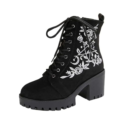 Image of Generisch Women's Lace Up Ankle Boots Embroidered Floral Thick Heel Short Shoes for Fashion Progress Comfort, black, 8 UK