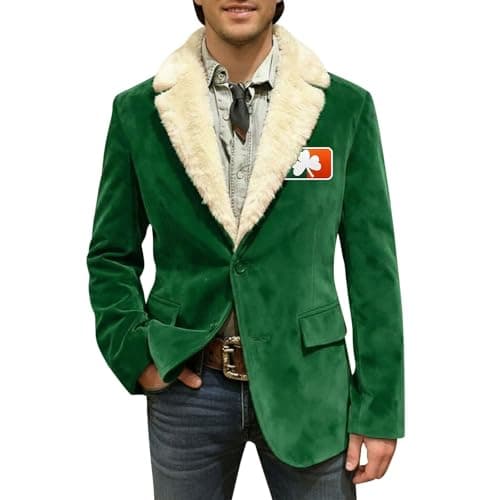 Image of Caxndycing Blazer Men's St Patrick's Day Slim Fit Fancy Dress Costumes Cord Blazer Cardigan Open Corduroy Jacket with Buttoned Long Sleeve Lapel Suit Jacket Sporty Festive Fancy Dress Jacket, Green, S