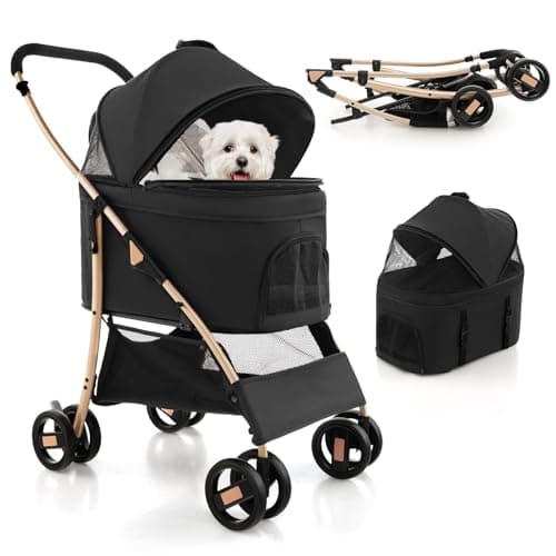 Image of COSTWAY 3 in 1 Pet Stroller, Folding Dog Strollers with Detachable Car Seat Carrier, Adjustable Canopy, Storage Basket, 4 Wheels Travel Pushchair for Small Medium Dogs Cats (Black+Gold)