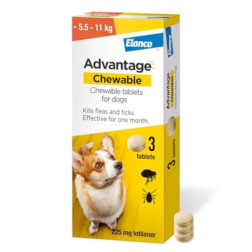 Image of Advantage Chewable >5.5-11kg Chewable Tablets for Dogs 225mg (3 pack), Flea and Tick Treatment, Fast Acting Kills Fleas Within Hours, Prevention Lasts For A Month, Easy To Administer